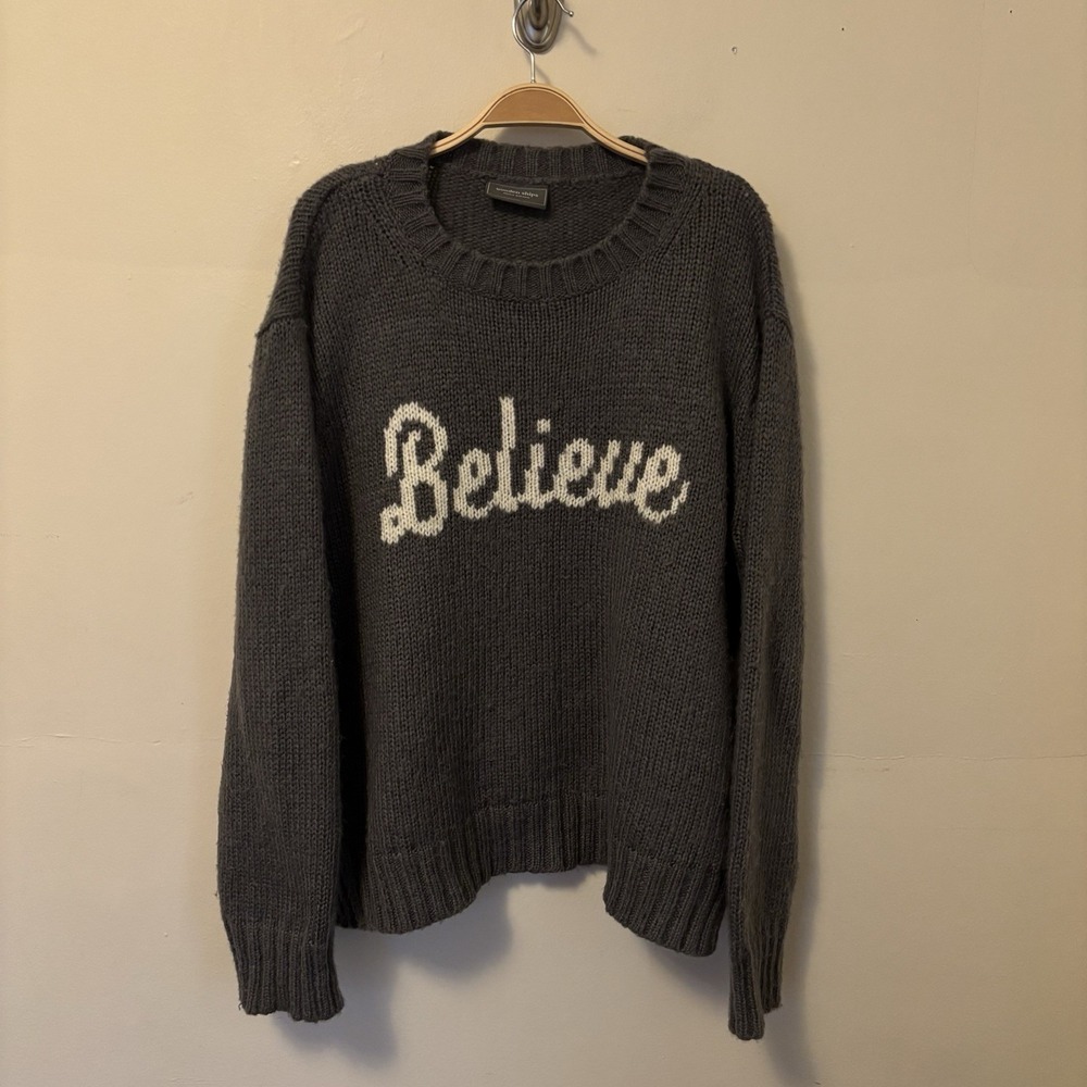 Wooden Ships Sweater BELIEVE Mohair Wool‎ Blend M/L Gray Christmas